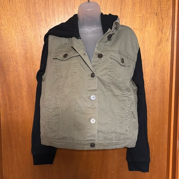 Victoria’s Secret Olive Green & Black Stretch Hooded Jean Jacket sz L - Picture 1 of 10